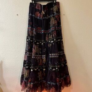 Johnny Was Lulu Tiered Mesh Floral Bohemian Maxi Skirt - Purple